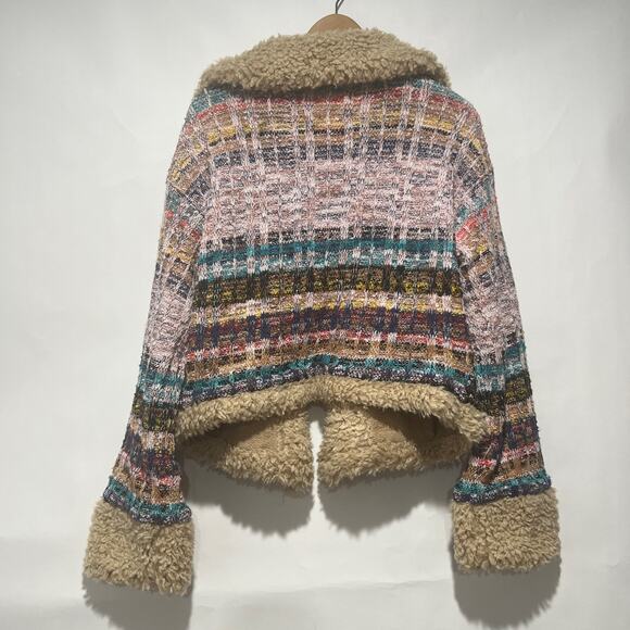 Anthropologie Cropped  Faux Shearling Fur Sherpa Cuffs Tweed Sweater Coat Size L - Picture 10 of 11
